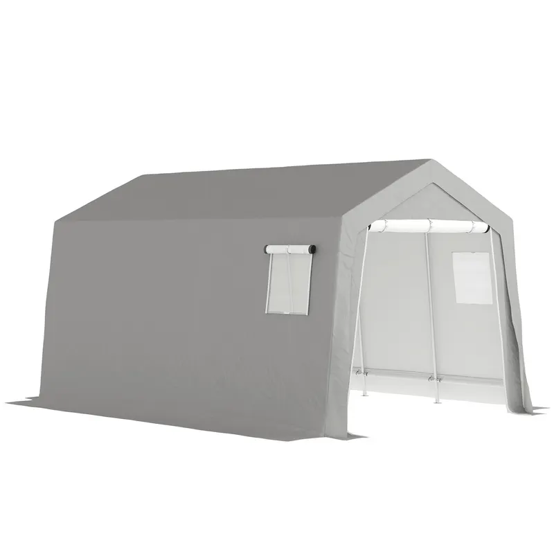 Outsunny Cort de Depozitare Exterior 3 x 4,5 m, tente de depozitare impermeabilă și anti-UV, ușă înrolabilă, ferestre, gri | Romania