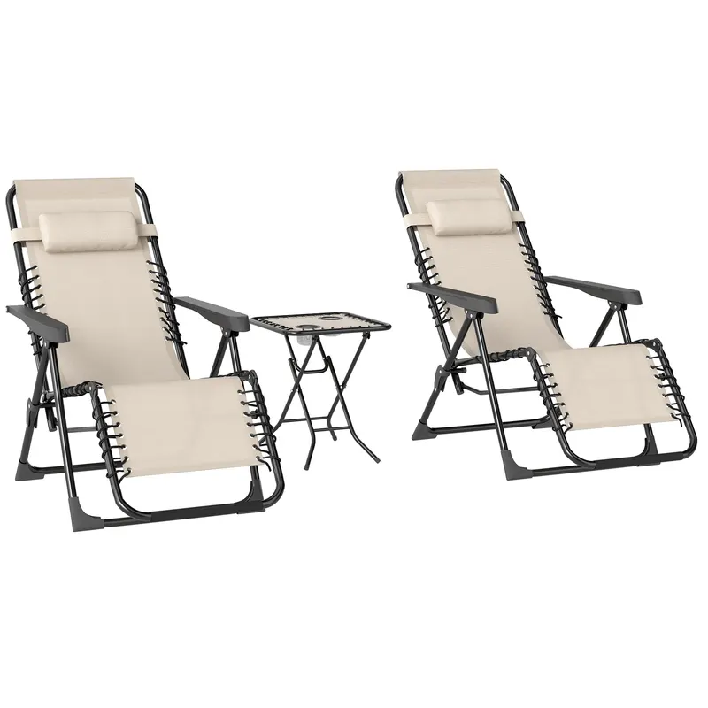 Outsunny Set de 2 Șezlonguri de Grădină cu Gravitație Zero și Măsuță cu Suport pentru Pahare, 47x47x54 cm, Bej | Romania