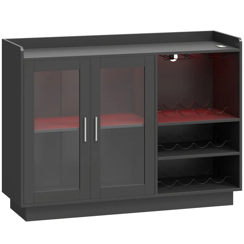 HOMCOM Dulap Port-Sticle cu Lumini LED RGB și Suport pentru 12 Sticle, Dulap pentru Vinuri cu Raft Reglabil și Uși cu Închidere Lentă din Sticlă pentru Casă, Bucătărie și Sufragerie, Negru | Romania