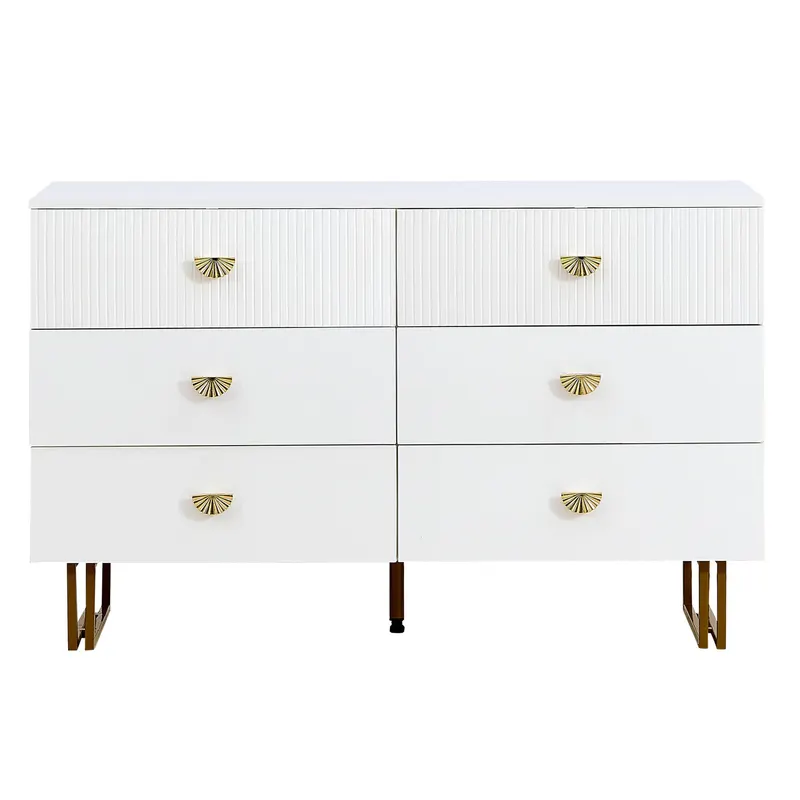 Comodă modernă cu 6 sertare, mânere tip evantai și picioare din oțel, mult spațiu de depozitare, 120x40x75 cm, Alb