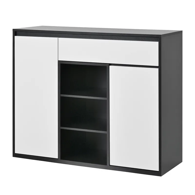 Dulap pentru pantofi cu 2 uși și 1 sertar, cu iluminare LED și raft reglabil pentru încălțăminte, 105x39,5x86 cm, Negru+Alb
