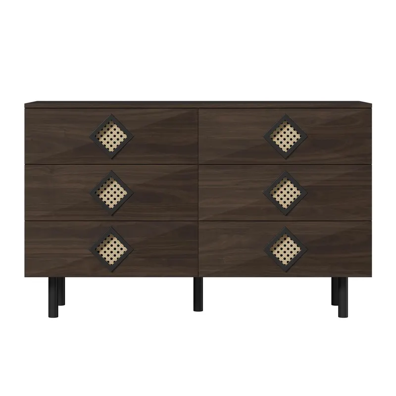Masă de machiaj cu 6 sertare, mânere din ratan, spațiu mare de depozitare, pentru dormitor și living, 120x40x74,5 cm, Culoare naturală