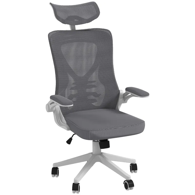 Vinsetto Scaun Ergonomic de Birou Reglabil cu Tetiera Suport Lombar Cotiere Rabatabile Gri/Negru 65x64x120-130cm | Romania