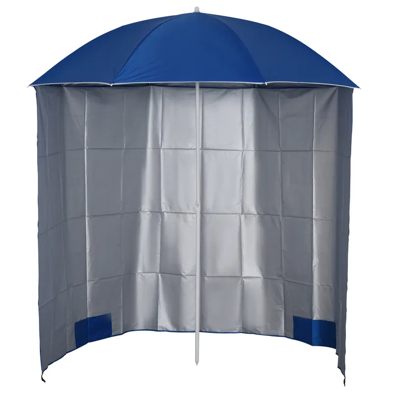 Outsunny Umbrelă de Plajă cu Perdea Laterală, Săculeți pentru Nisip și Țăruși, Ø220x220 cm, Albastru | Romania