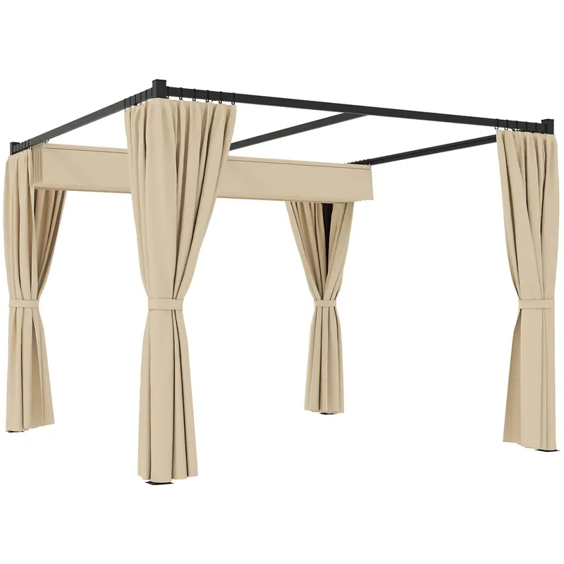 Outsunny Pergola 3 x 3(m) cu acoperis copertina retractabila si perdele, Foisor de exterior cu cadru metalic pentru gradina, Adapost de soare