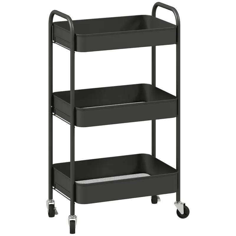 HOMCOM Cărucior multifuncțional mobil pentru bucătărie, 3 rafturi, 4 roți, 45 cm x 30,6 cm x 79 cm, Negru | Romania