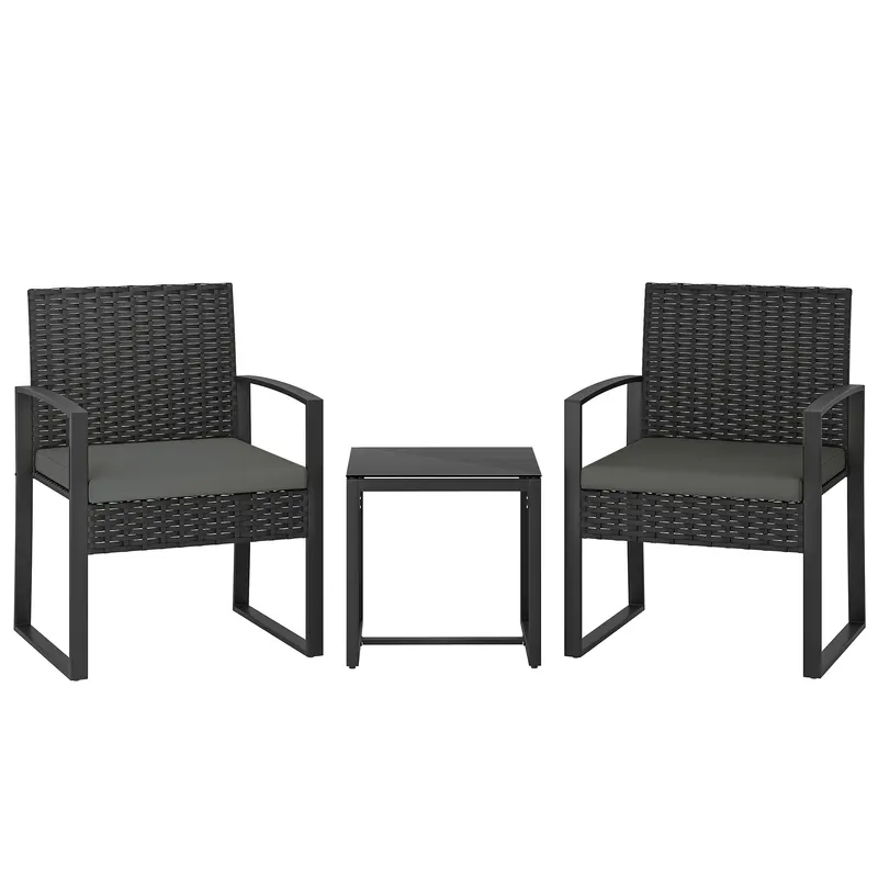 Outsunny Set bistro din rattan, set mobilier de grădină 3 piese cu 2 scaune, masă de cafea, perne detașabile, gri închis | Romania