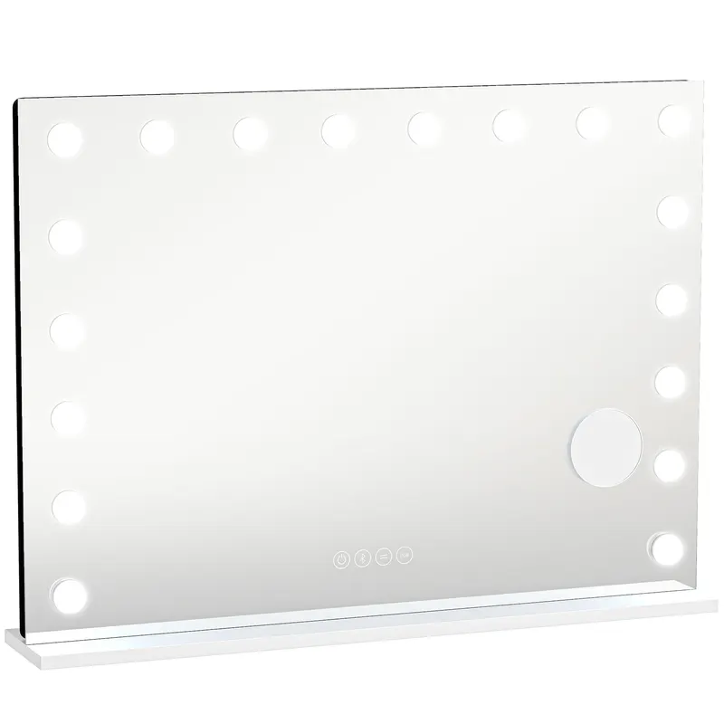 HOMCOM Oglindă Hollywood pentru machiaj cu 18 lămpi LED reglabile, 3 culori, lumină RGB, difuzor Bluetooth, mărire 10x Alb | Romania