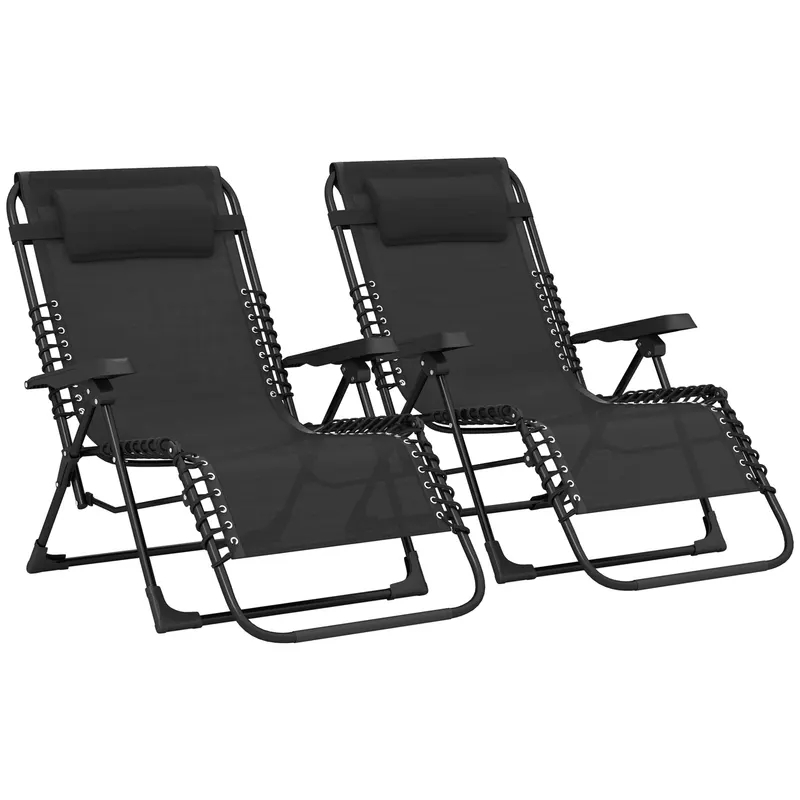 Outsunny Set de 2 șezlonguri pentru bronzat, șezlong pliant reglabil cu tetieră din textilenă, 90 x 65 x 112 cm, negru | Romania