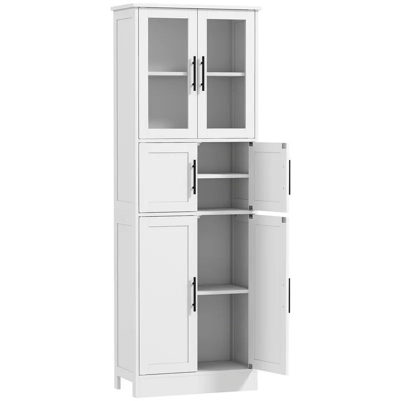 HOMCOM Dulap înalt de baie slim, 170 cm, cu 6 rafturi, uși din sticlă și rafturi reglabile, pentru living sau bucătărie, stil modern, 60x30x170 cm, alb | Romania