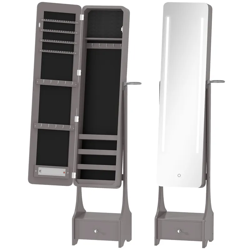 HOMCOM Oglindă-dulap pentru bijuterii cu lumini LED Dulap bijuterii cu oglindă full-length reglabilă pe unghi Sertar Oprire automată a luminilor Gri | Romania