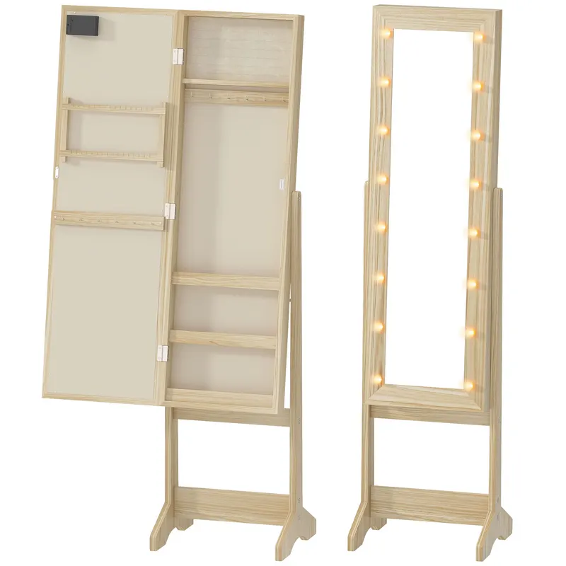 HOMCOM Oglindă Joyero cu Lumini LED Dulap pentru Bijuterii Dulap Joyero de Podea cu Oglindă Integrală Unghi Reglabil Lemn Natural | Romania