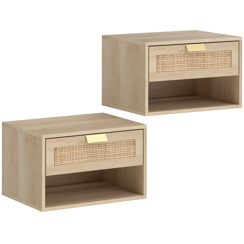 HOMCOM Set de 2 Noptiere Suspendate cu Sertar din Ratan Raft Deschis Economisire Spațiu 40x30x25 cm Stejar | Romania