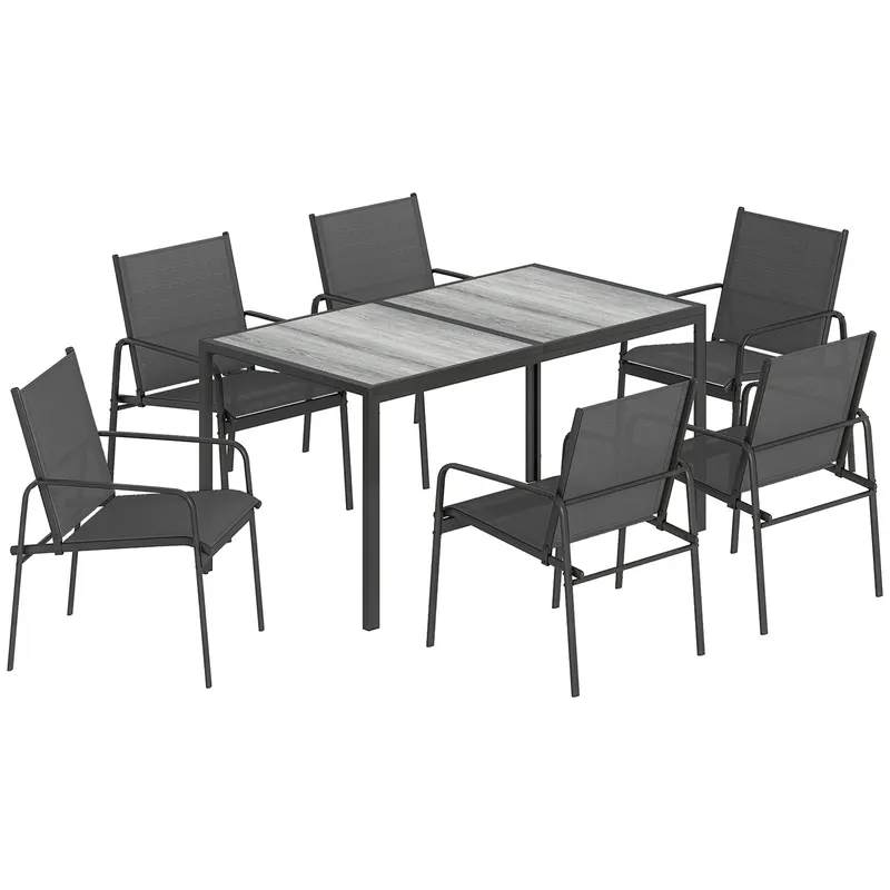 Outsunny Set de Prânz pentru Exterior, 7 Piese pentru 6 Persoane, Masă cu Efect de Lemn și Scaune cu Șezut Respirabil, Set Mobilier de Grădină cu Cadru din Oțel Galvanizat, Negru | Romania