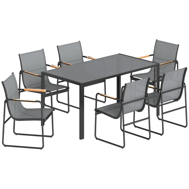 Outsunny Set masă și scaune pentru grădină cu masă din sticlă securizată și 6 scaune respirabile pentru terasă/patio, gri | Romania