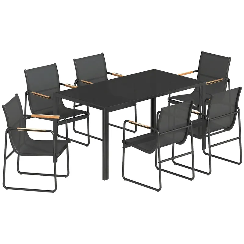 Outsunny Set Masă și Scaune de Grădină 7 Piese, Set Prânz Exterior cu Masă din Sticlă Temperată, 6 Scaune din Texteline Respirabil, Cotiere Decorative, Structură din Oțel pentru Terasă Balcon, Negru | Romania