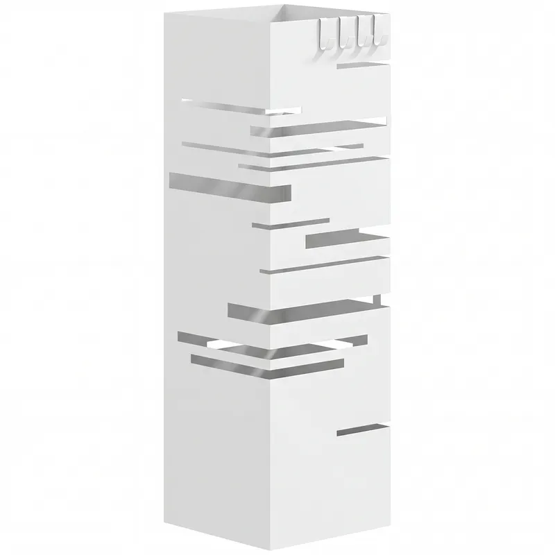 HOMCOM Suport pentru umbrele metalic cu 4 cârlige și tavă colectoare detașabilă pentru hol, birou 15,5x15,5x49 cm Alb | Romania