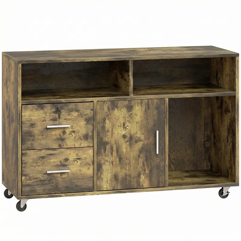 HOMCOM Dulap pentru Imprimantă pe Roți cu 2 Sertare, Încuietoare cu Cheie, 3 Rafturi și Dulap, pentru Documente de Birou și Studiu, 100x35x65 cm, Maro Rustic | Romania