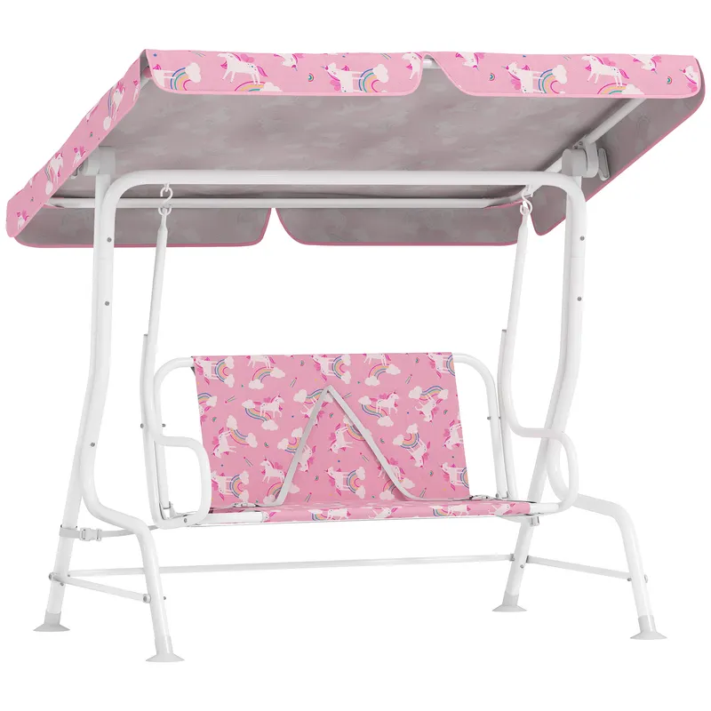AIYAPLAY Leagăn pentru Copii de Exterior cu 2 Locuri, Acoperiș Reglabil și Centuri de Siguranță, Leagăn Grădină și Interior din Oțel și Material Oxford, Max 60 kg, 112x75x120 cm, Roz | Romania