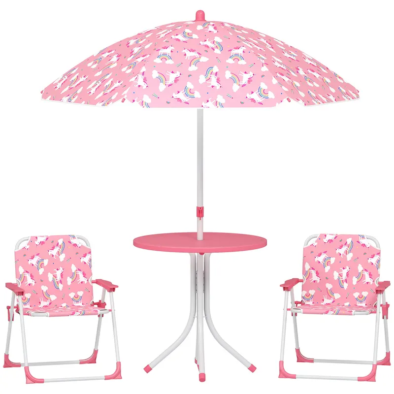 AIYAPLAY Masă de Picnic pentru Copii, Set Masă și Scaune cu 2 Scaune Pliabile și Umbrelă Detasabilă, Temă Junglă, Mobilier de Exterior pentru Grădină, Patio, Roz | Romania