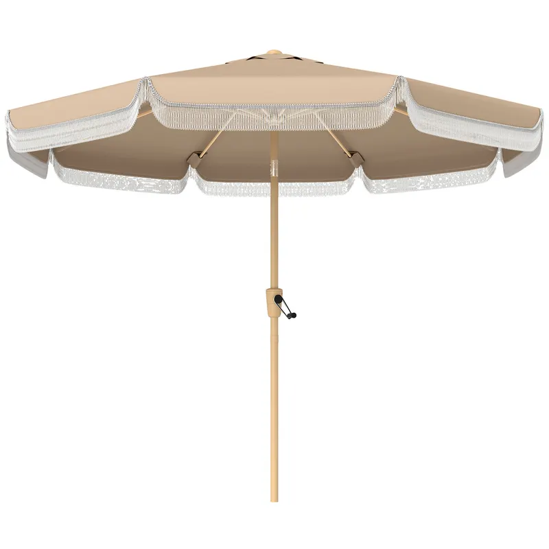 Outsunny Umbrelă de grădină pentru exterior 266 cm, umbrelă înclinabilă, franjuri, manivelă, 8 nervuri, țesătură poliester 180 g/m², kaki | Romania