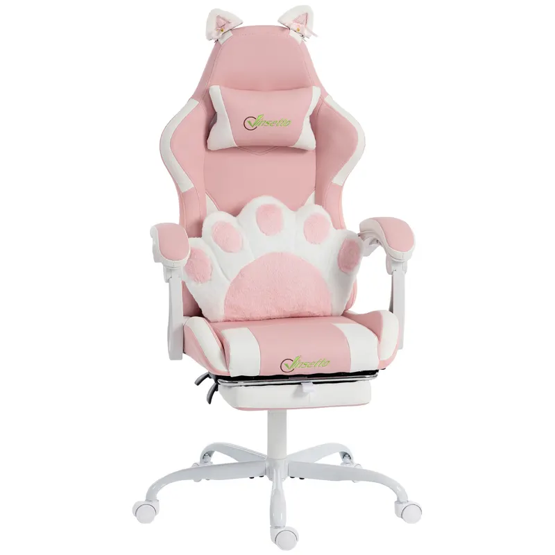 Vinsetto Scaun Gaming Ergonomic cu Urechi de Pisică, Fotoliu Gaming Birou Reclinabil din Piele Eco cu Suport pentru Picioare, Tetieră și Înălțime Reglabilă, Suport Lombar și Cervical, Roz | Romania
