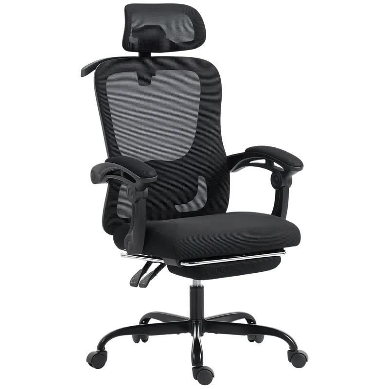 HOMCOM Scaun de birou ergonomic, fotoliu din plasă cu tetieră reglabilă, suport lombar, 64x64x124cm, negru | Romania