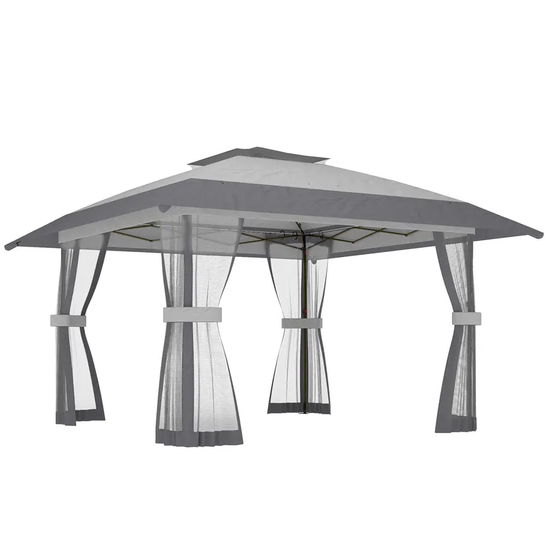 Outsunny Pavilion 4x4m Impermeabil Reglabil pe înălțime Pop-up Pavilion pliant cu dublu acoperiș 4 laterale din plasă, UV 30+Gri deschis | Romania