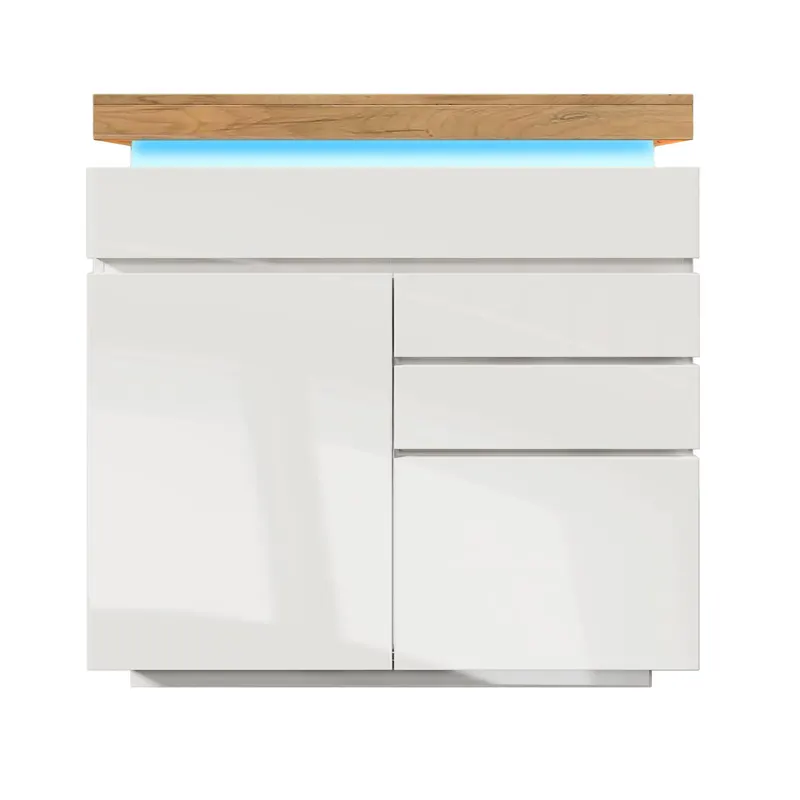 Comodă cu 2 uși & 3 sertare, iluminare LED, dulap multifuncțional pentru living și dormitor, 110x39x115 cm, Alb