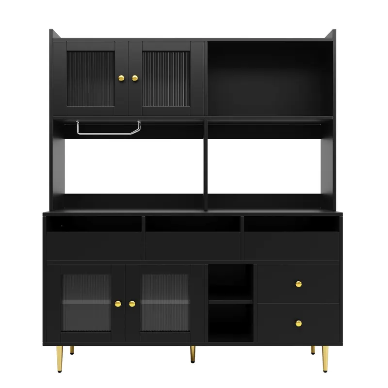 Dulap înalt pentru sufragerie, cu uși cu geam perforat, decor auriu și spațiu mare de depozitare pe mai multe niveluri, 145x39x171 cm, Negru