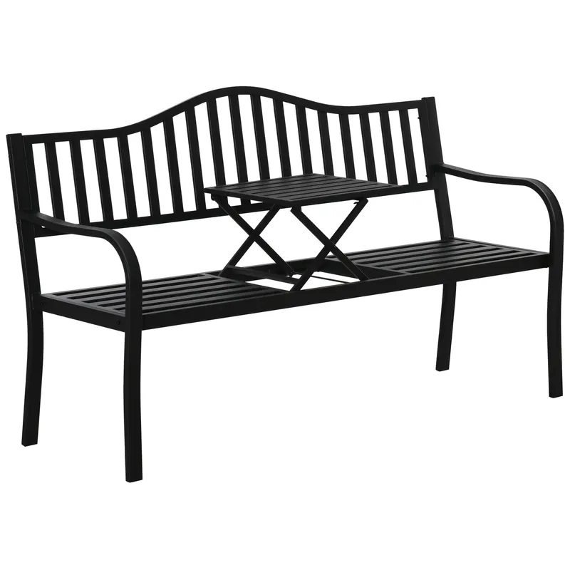 Bancă de Grădină Outsunny din Metal cu Măsuță Centrală Retractabilă, Bancă Loveseat pentru Terasă cu Șezut și Spătar cu Șipci, pentru 2–3 Persoane, Neagră | Romania
