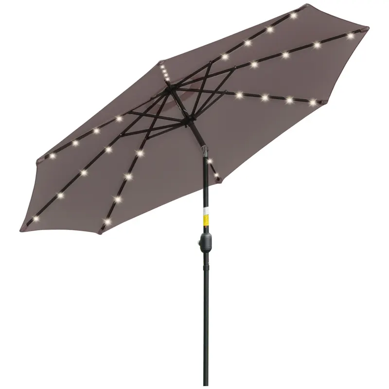 Outsunny Umbrelă de Grădină Inclinabilă Ø265 cm cu 32 Lumini LED Solare și Manivelă, Umbrelă de Exterior cu 8 Spițe, din Oțel și Poliester, pentru Patio, Curte, Balcon, Terasă, Gri | Romania