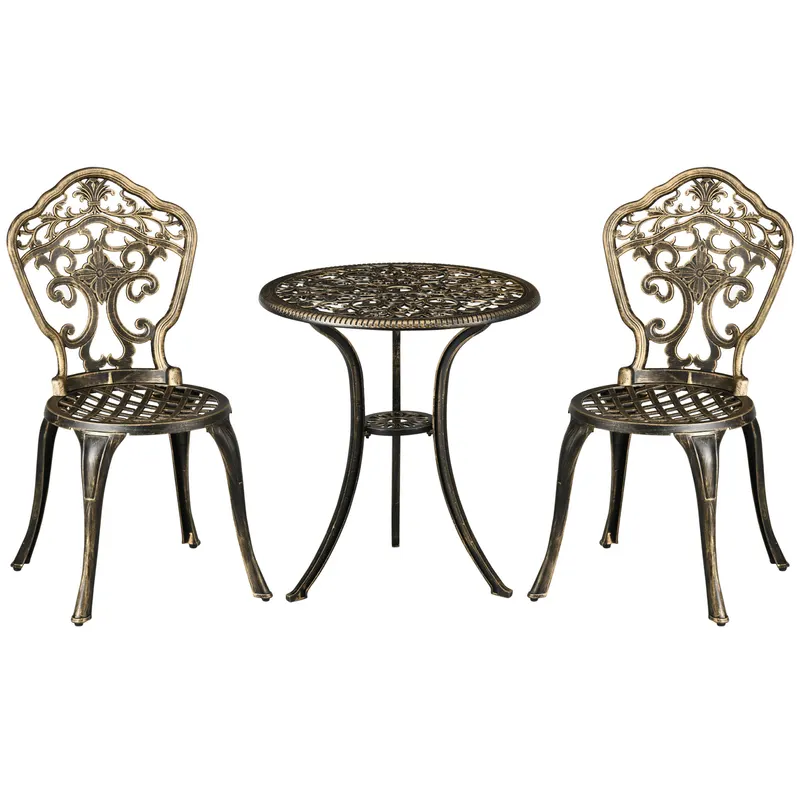 Outsunny Set Bistrò de Grădină 3 Piese cu 2 Scaune de Grădină și Masă Rotundă cu Orificiu pentru Umbrelă, Set Masă și Scaune de Grădină din Aluminiu, pentru Terasă, Curte, Exterior, Bronz | Romania