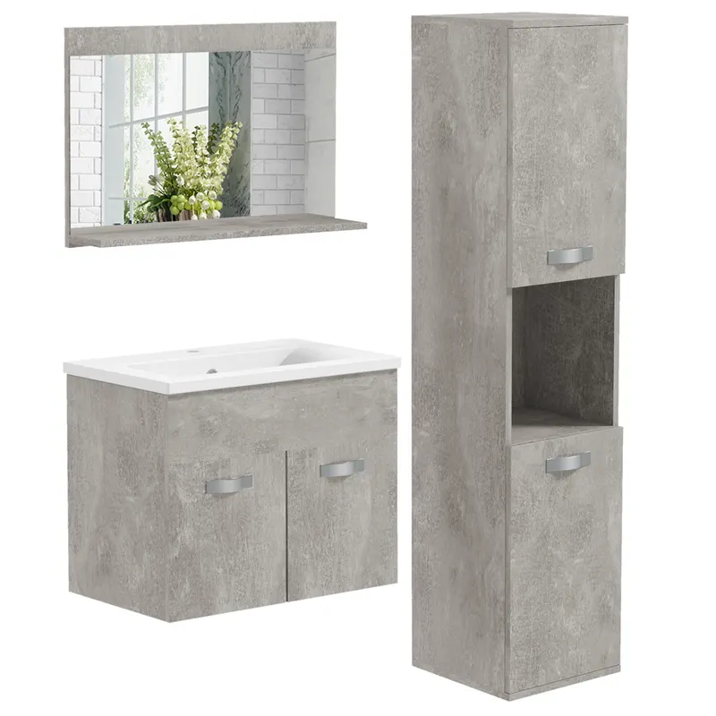 Set de Mobilier de Baie din 3 Piese, Montare pe Perete, cu Dulap cu Oglinda, Dulap de Depozitare Inalt, Gri Kleankin | Romania