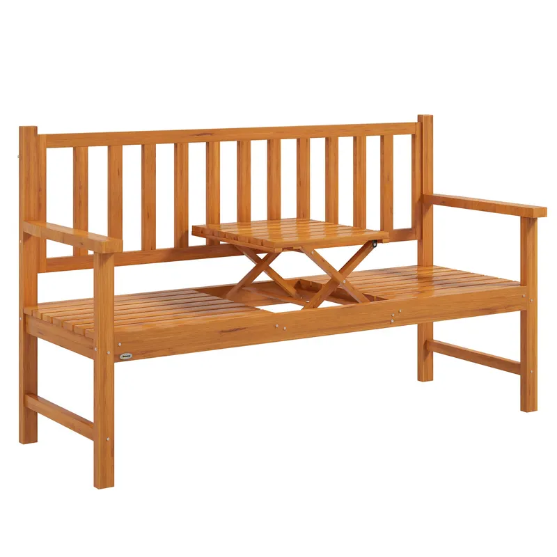 Outsunny Bancă de Grădină pentru 2-3 Persoane din Lemn de Pin, Bancă de Exterior cu Măsuță Rabatabilă și Brațe, pentru Balcon și Terasă, 153x56x91 cm, Maro Deschis | Romania