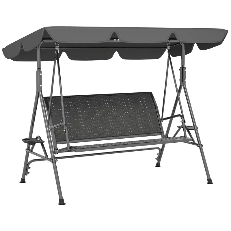 Outsunny Leagăn de Grădină 3 Locuri din Ratan PE cu Acoperiș Reglabil și Suporturi pentru Pahare, Leagăn de Exterior cu Cadru din Oțel, Capacitate 320 kg, 204x112x150 cm, Gri | Romania
