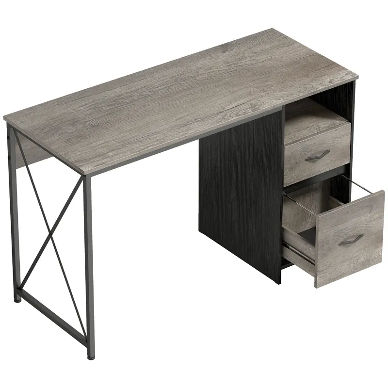 HOMCOM Masă pentru calculator 120x50 cm Birou industrial cu compartiment și 2 sertare pentru birou Gri deschis | Romania