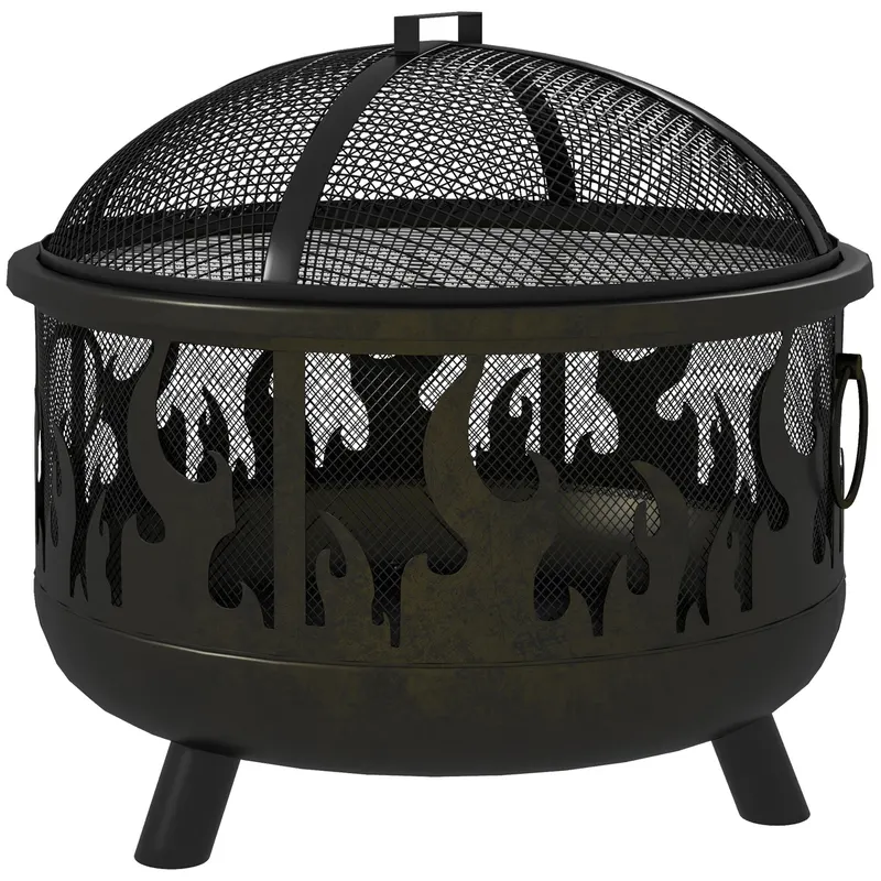 Outsunny Cuva pentru foc, vatră, incl. protecție la scântei, 1 cârlig, Ø61,5 cm x 52 cm, Negru | Romania