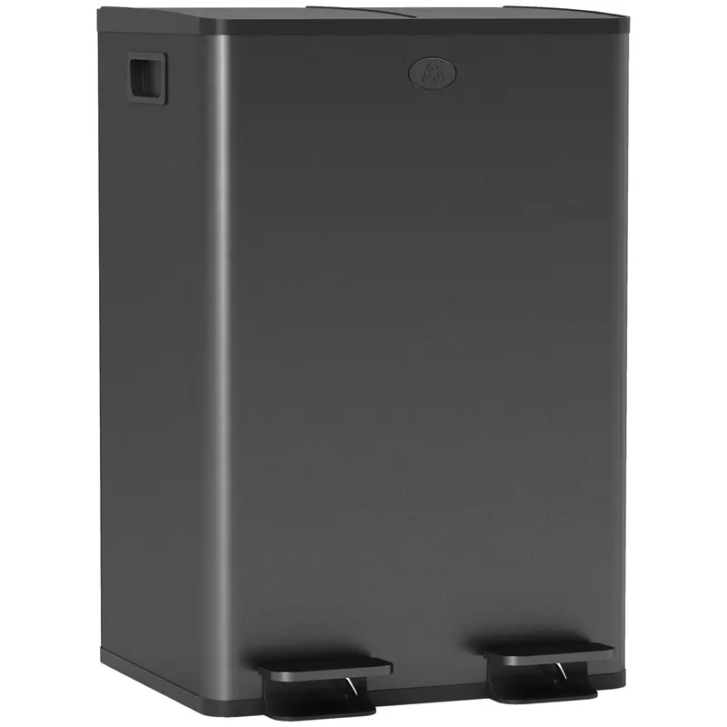 HOMCOM Coș de bucătărie 2 compartimente de 2 x 28L, oțel inoxidabil, capac cu închidere silențioasă, 45,8x36x67,6cm, negru | Romania