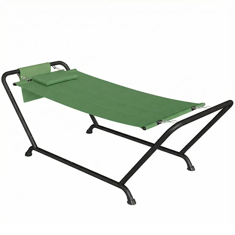 Outsunny Hamac de Exterior cu Suport, Hamac Autoportant cu Buzunar Lateral, Tetieră și Structură din Metal, Capacitate 150 kg pentru Grădină, Balcon, Terasă, 237 x 90 x 92 cm, Verde Închis | Romania