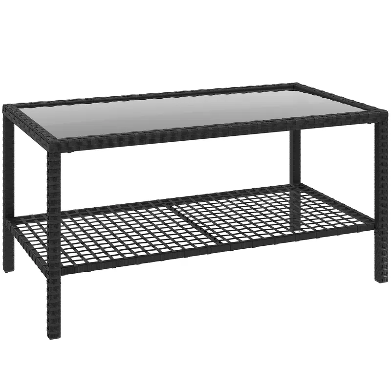 Outsunny Măsuță de Cafea din Ratan pe 2 Niveluri cu Raft, Blat din Sticlă Securizată, Măsuță de Exterior cu Cadru din Oțel, 92x50x45 cm, Negru | Romania