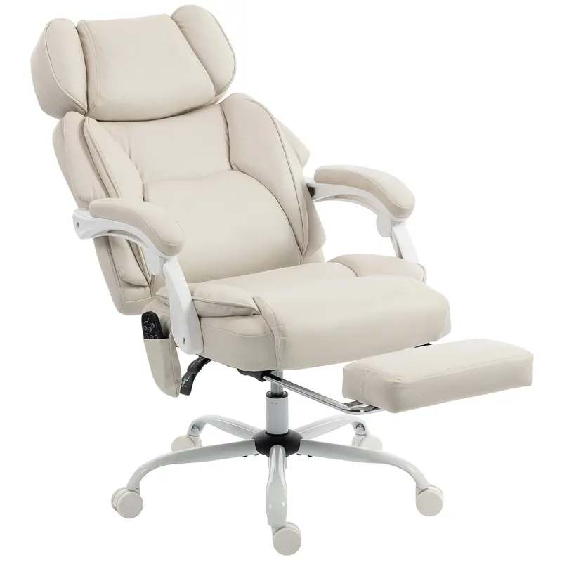 HOMCOM Scaun de birou cu spătar înalt cu masaj prin vibrații și încălzire, ergonomic, rabatabil, cu suport pentru picioare, alb crem | Romania