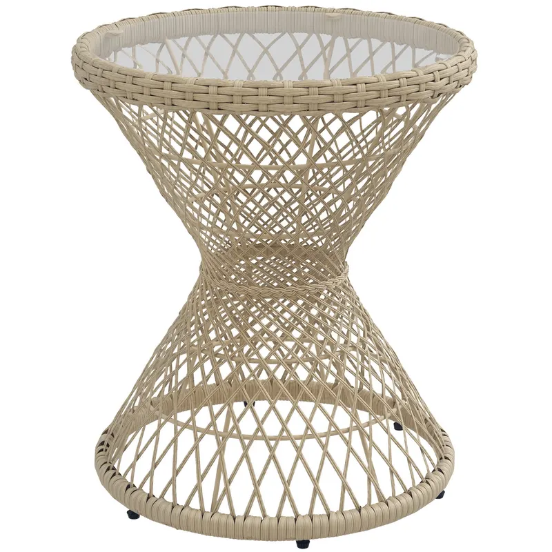 Outsunny Masă de cafea Boho design, placă de sticlă, PE-Rattan, 45 cm x 45 cm x 52 cm, Natural | Romania