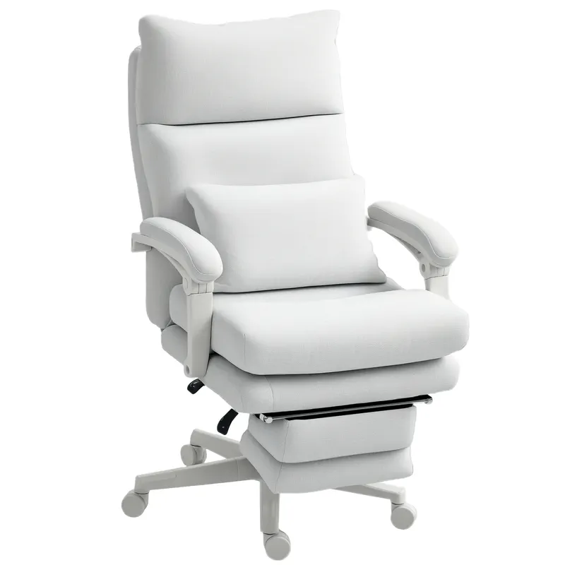 HOMCOM Scaun rotativ, aspect de in, ajustabil în înălțime, cu înclinare de 160 de grade, suport pentru picioare, crem | Romania