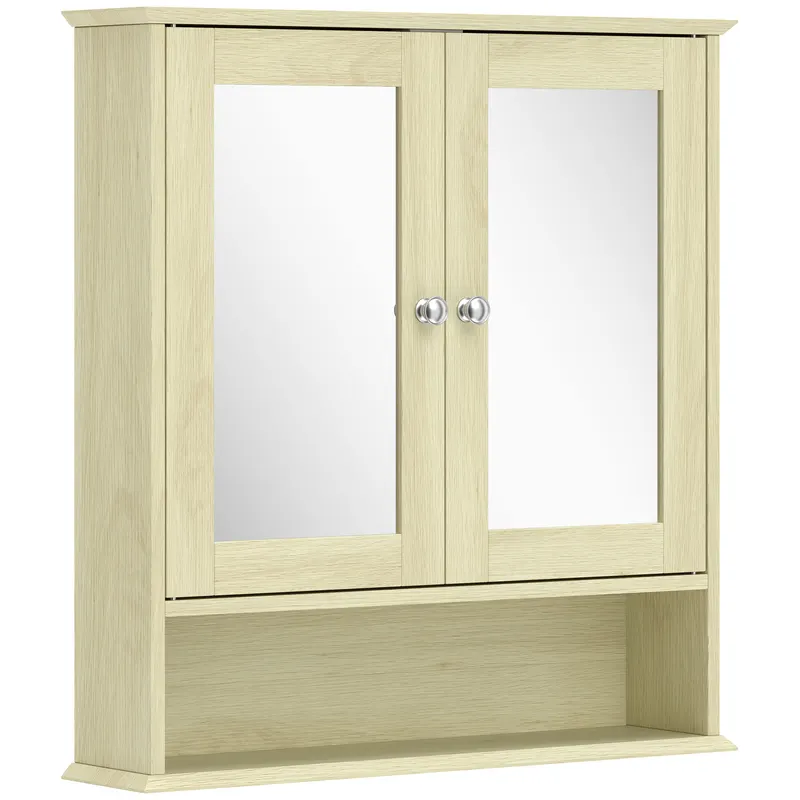 kleankin Dulap de perete pentru baie cu oglindă, 56 x 13 x 58 cm, mobilier de baie cu uși-oglindă duble, efect lemn natural | Romania