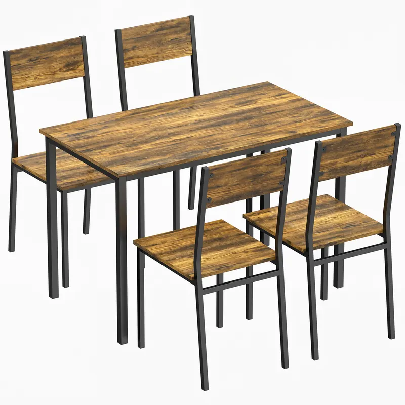 HOMCOM Set masă sufragerie cu 4 scaune, masă de bucătărie pentru 4 persoane, picioare din metal, maro rustic | Romania