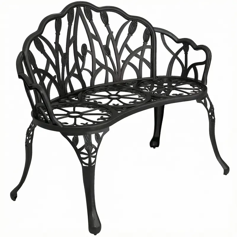 Outsunny Bancă de grădină 2 locuri aluminiu turnat rezistentă la intemperii bancă de exterior cu spătar în formă de lalea motiv floral 99 x 57 x 78 cm | Romania