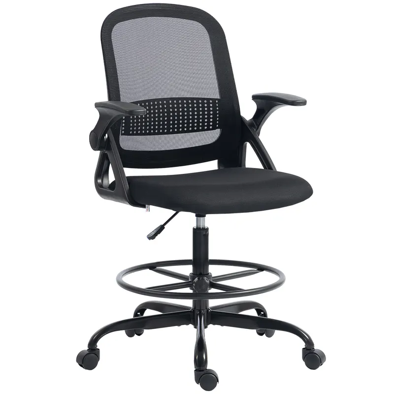 HOMCOM Scaun de Birou Ergonomic, Scaun Rotativ din Plasă, Înălțime Reglabilă și Suport pentru Picioare, Scaun de Birou cu Suport Lombar și Brațe Rabatabile, Capacitate 120kg, Negru | Romania