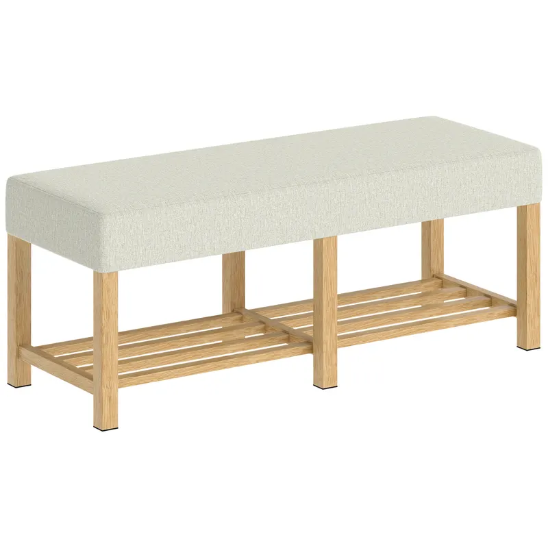 HOMCOM Banc pentru încălțăminte, banc de depozitare cu șezut capitonat, raft deschis, lemn de hevea, 120x44x48cm, lemn natural | Romania