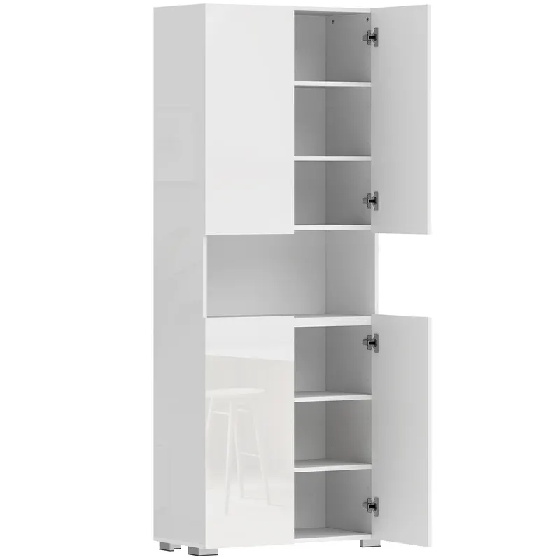HOMCOM Dulap Bucătărie Înalt 180cm, Mobilier Depozitare cu Uși Soft-Close, Raft Deschis, 2 Dulapuri, Rafturi Ajustabile, Stil Modern pentru Sufragerie sau Bucătărie, Alb Lucios | Romania
